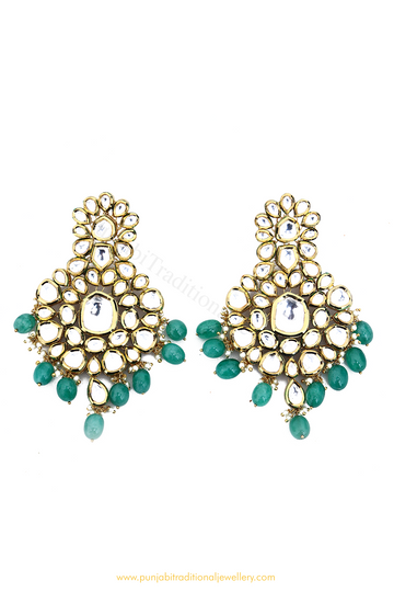 Gold Finished Emerald Kundan Earrings By PTJ